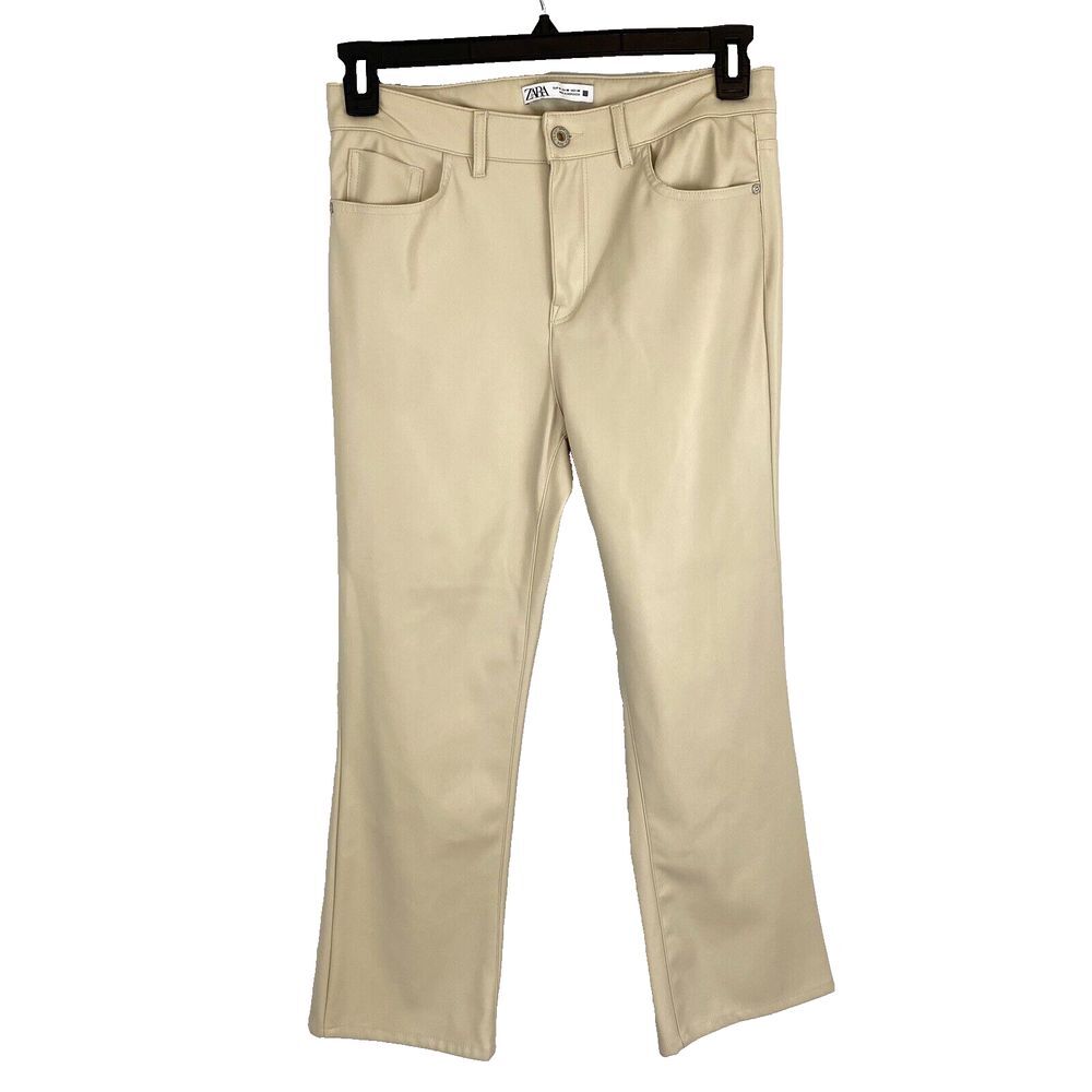 ZARA Womens Faux Leather High Rise Beige Neutral Minimalist Pants Crop Flare‎ 8